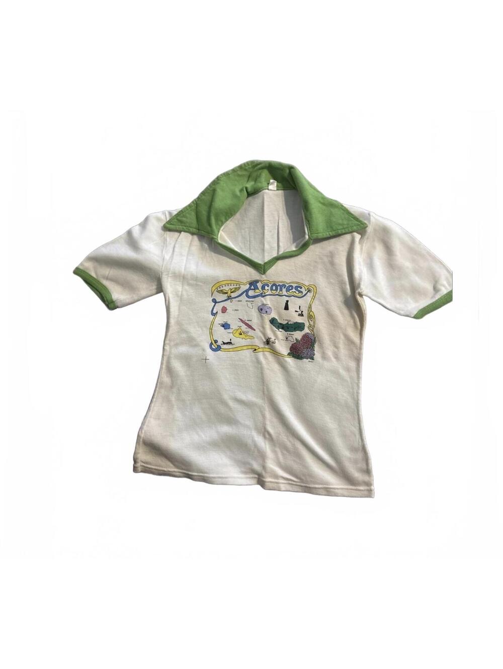 VTG 1970s Açores Portugal Illustrated Map Tee - Green Wide Collar S